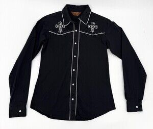 Walls Cowgirl Ranch Wear Western Shirt Womens XS Black Rhinestone Cross Snap